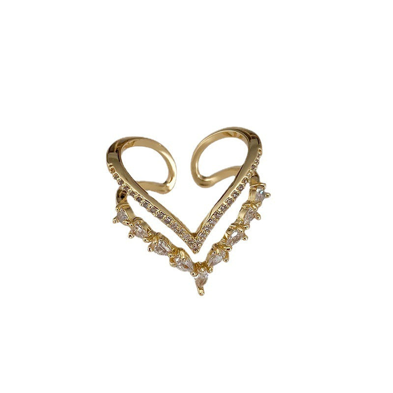 Exquisite Double-layer Light Luxury Opening Adjustable Heart-shaped Full Diamond Female Ring