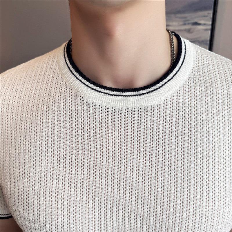 Men's Round Neck Contrast Color Stretch Knitted T-shirt