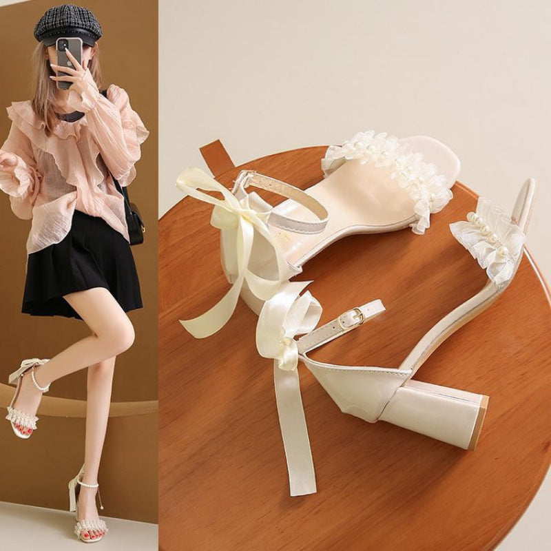 French Style Chunky Heel Sandals Bow Pearl High Heels Buckle Sandals