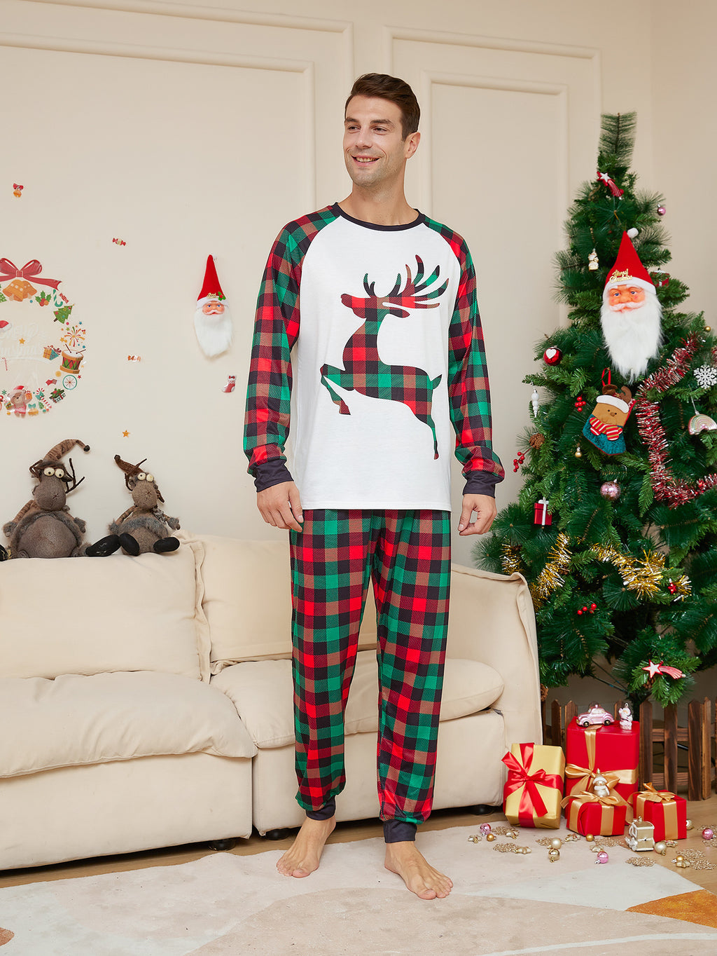 Christmas Parent-child Cartoon Elk Plaid Printed Pajamas Set