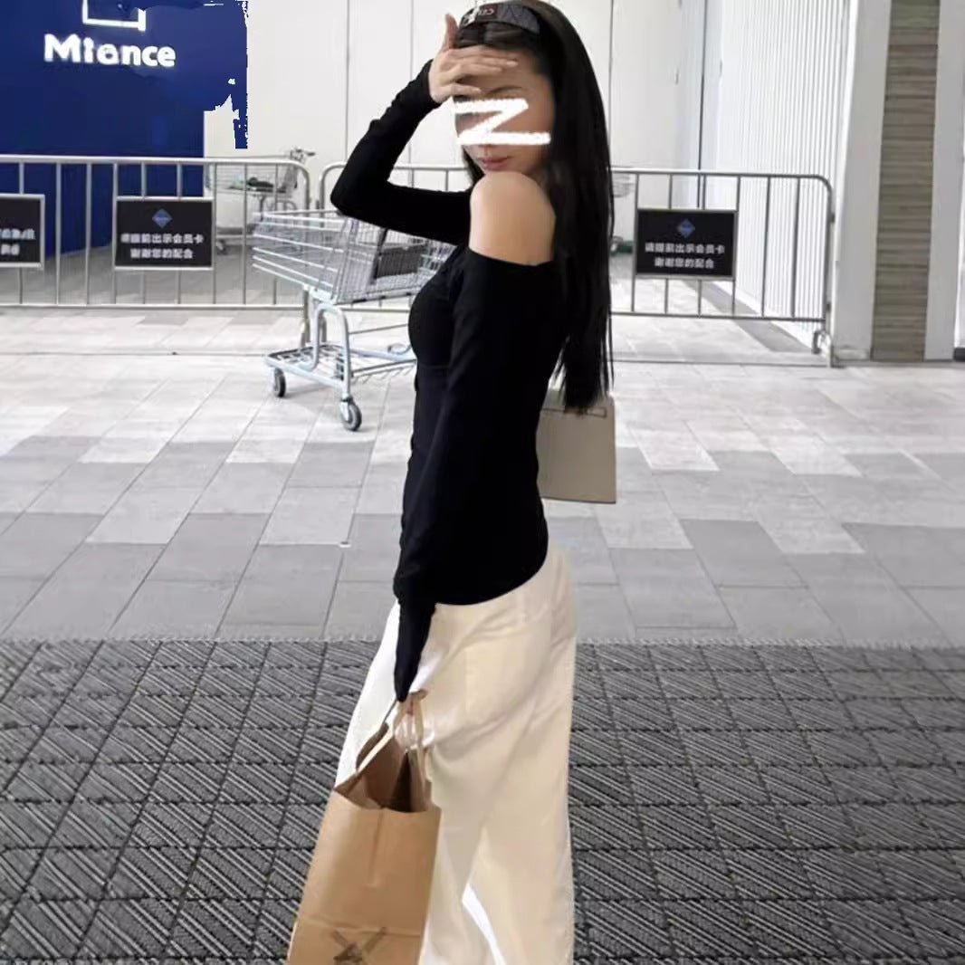 Pure Hot Girl Slim-fit Slimming And Shoulder Hollow Long-sleeved T-shirt Women's Top
