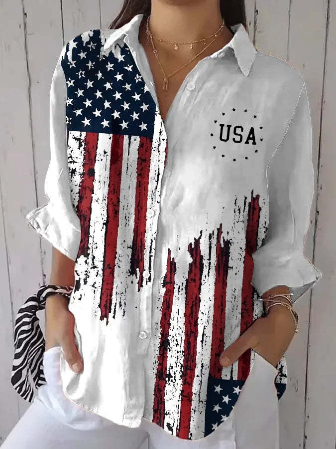 Ladies' Fashionable Casual Flag Printed Shirt