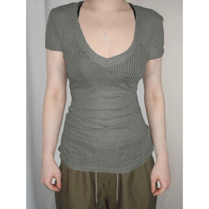 Women's Solid Color And V-neck Short-sleeved Bottoming Top