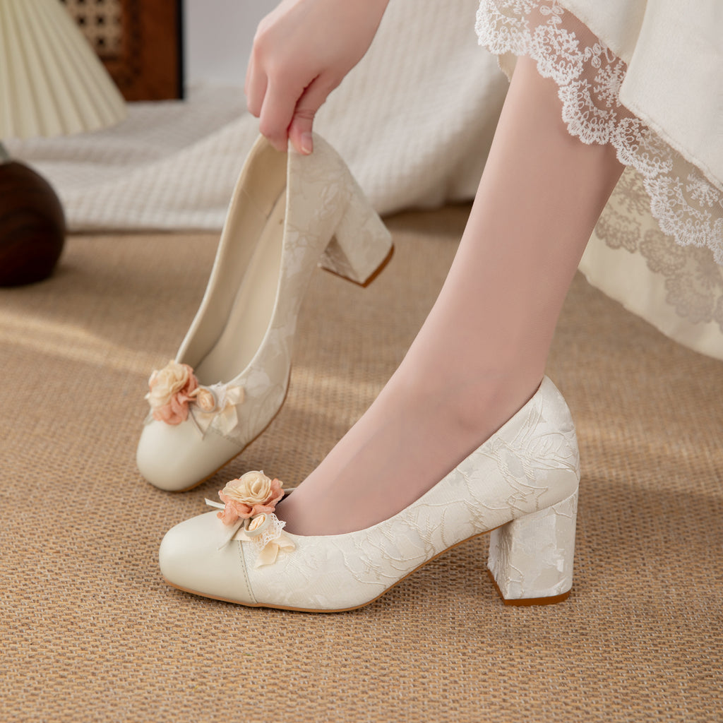 White Floral Block Heel Pumps, Elegant Square Toe Jacquard Women's Dress Shoes