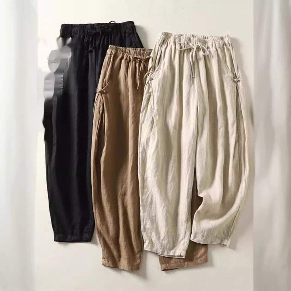 Cotton Cropped Pants Loose Thin Buckle High Waist Lace Up Casual Harem Pants