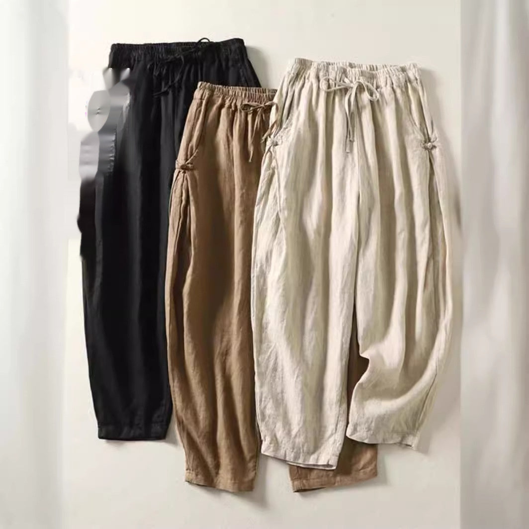 Cotton Cropped Pants Loose Thin Buckle High Waist Lace Up Casual Harem Pants