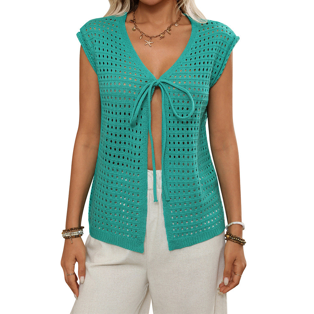 Womens Hollow-Out Sweater Short-Sleeve Knitted Cardigan