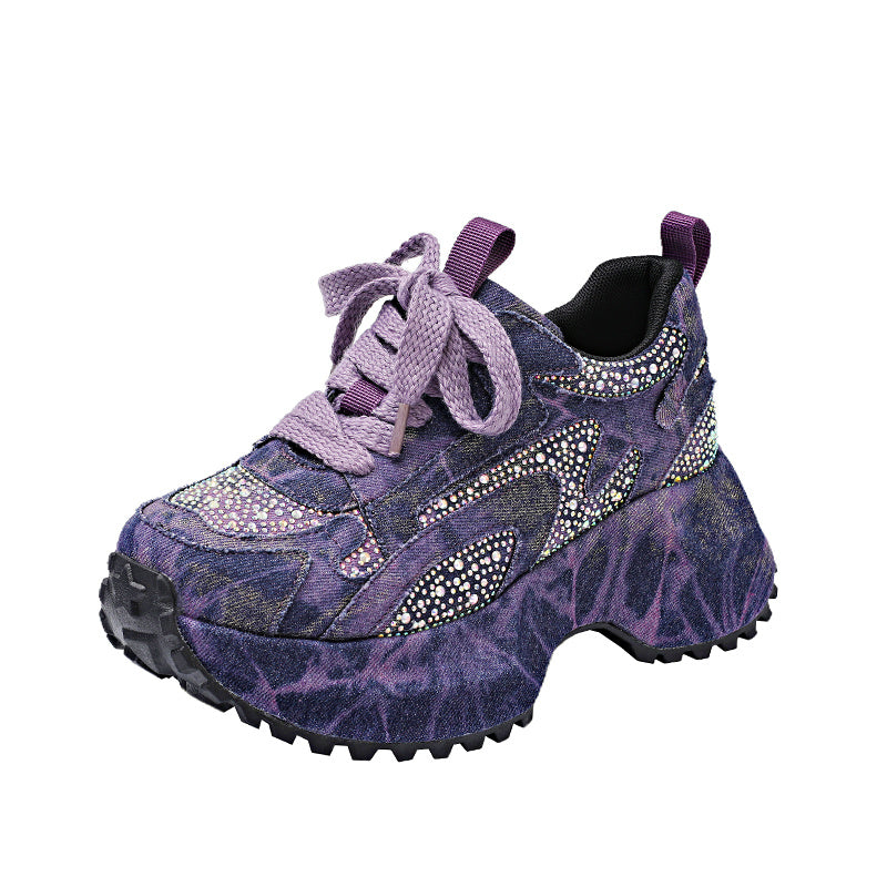 Sparkling Denim Sneakers For Women, Blue White Gradient High Top Platform Shoes With Rhinestones, Unique Fashion Thick Sole Design For Comfort