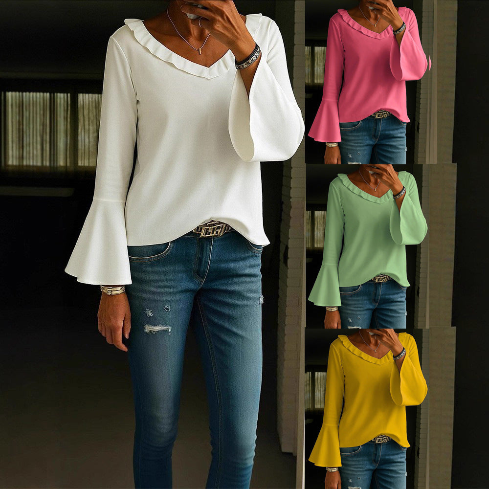 Casual Loose-fitting V-neck Long Sleeves T-shirt