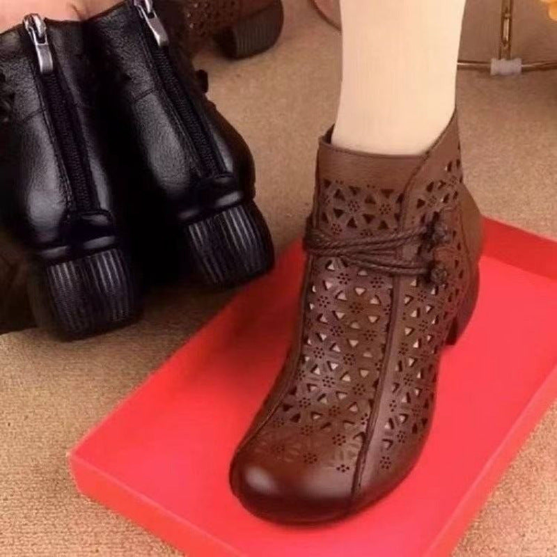 All-match Leather Mid-heel Comfortable Retro Closed Toe Chunky Heel Hollow Sandals