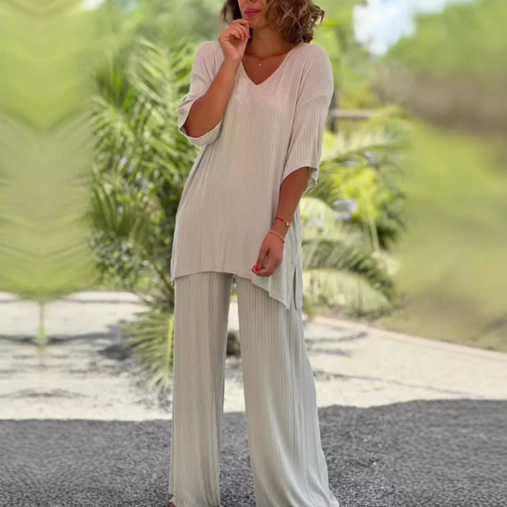 European And American Knitwear Top Two-piece Set Casual And Comfortable Baggy Straight Trousers