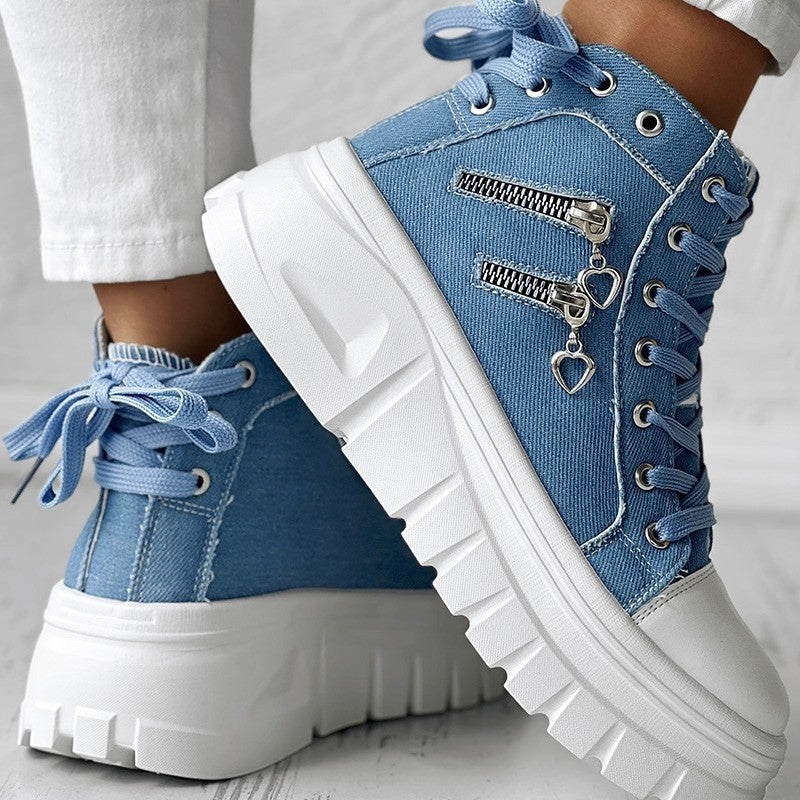 Muffin Heel Side Zipper Front And Rear Lace-up Fashion Casual Sneakers