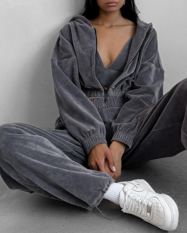 Women's Fashion Casual Loose-fitting Hoodie Stand Collar Sweater Two-piece Suit