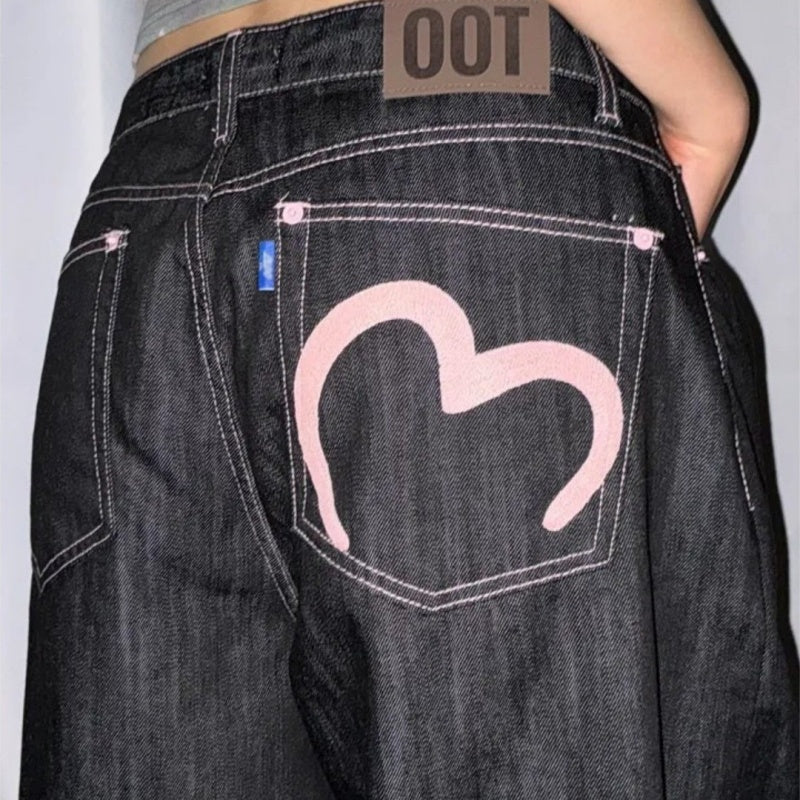 Heart Printing Jeans Women's High Waist Straight Casual