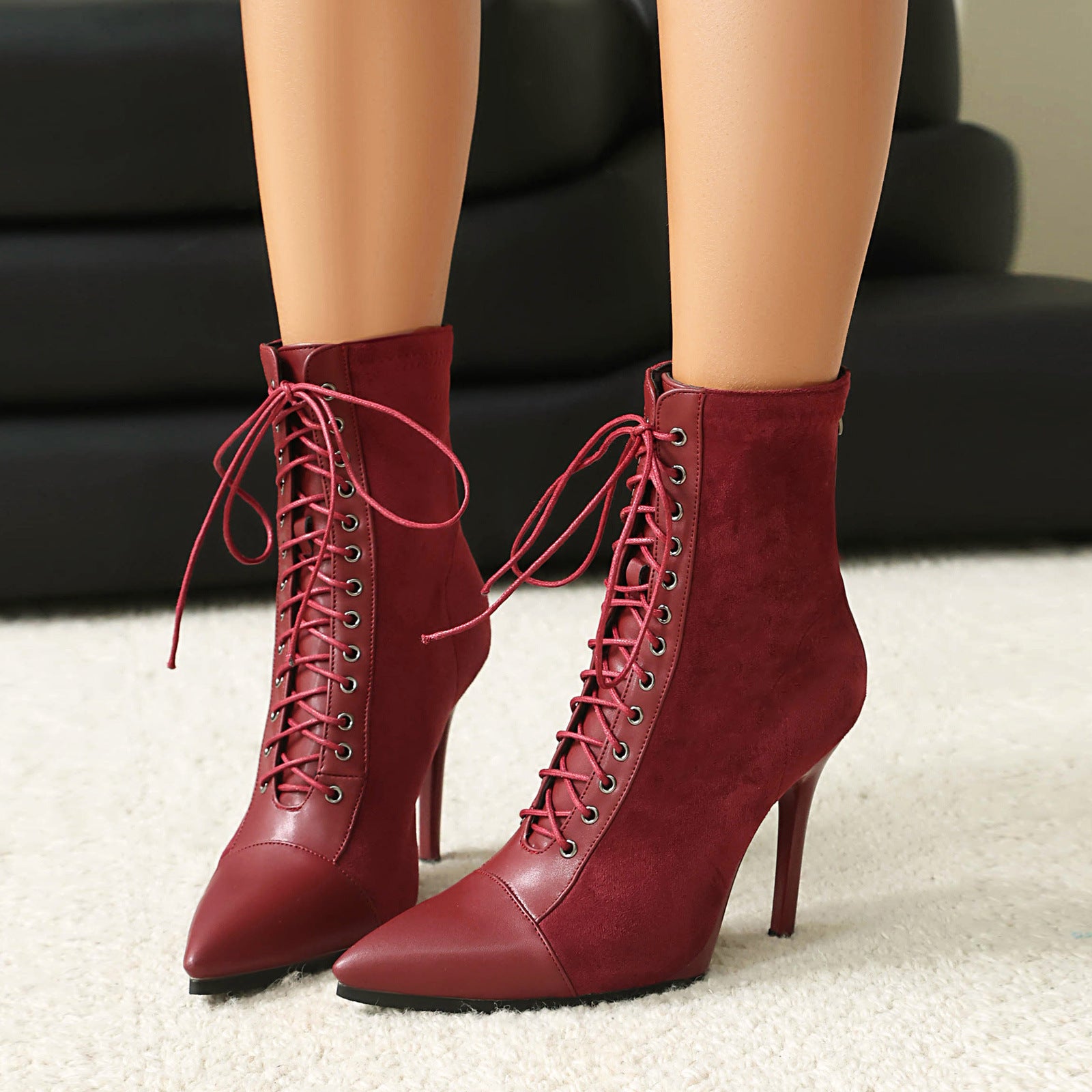 New Drawstring Patchwork European And American Women's Boots Short Pointed Knight Boots
