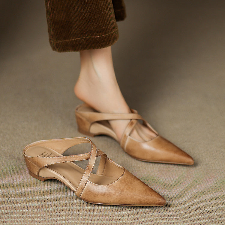 Vintage First Layer Washed Cowhide Pointed-toe Mules Shoes Outer Wear