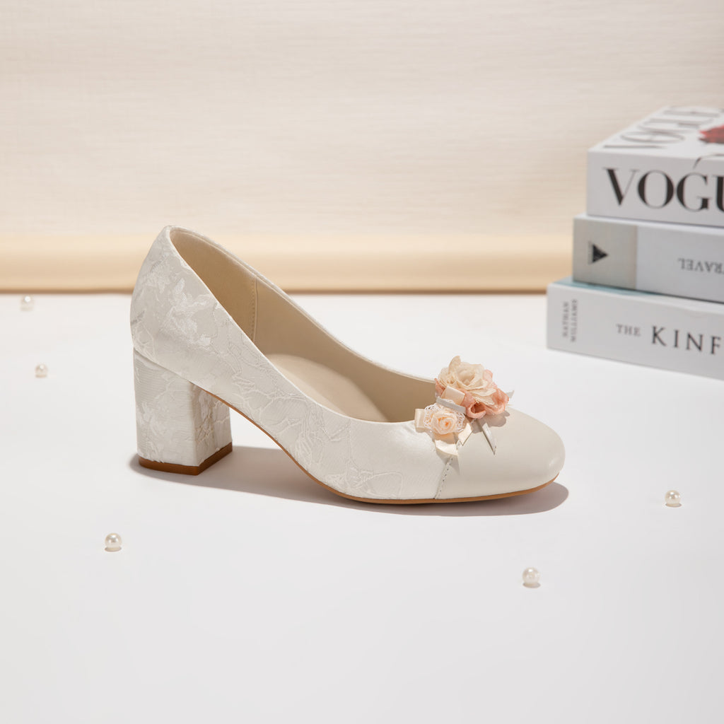 White Floral Block Heel Pumps, Elegant Square Toe Jacquard Women's Dress Shoes