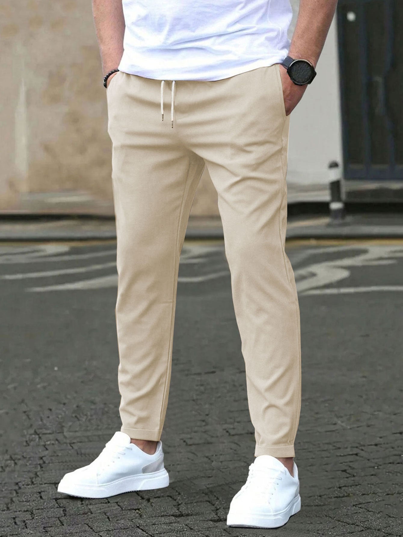 Casual Slim Fit Leather Tag Cropped Pants Solid Color Pants