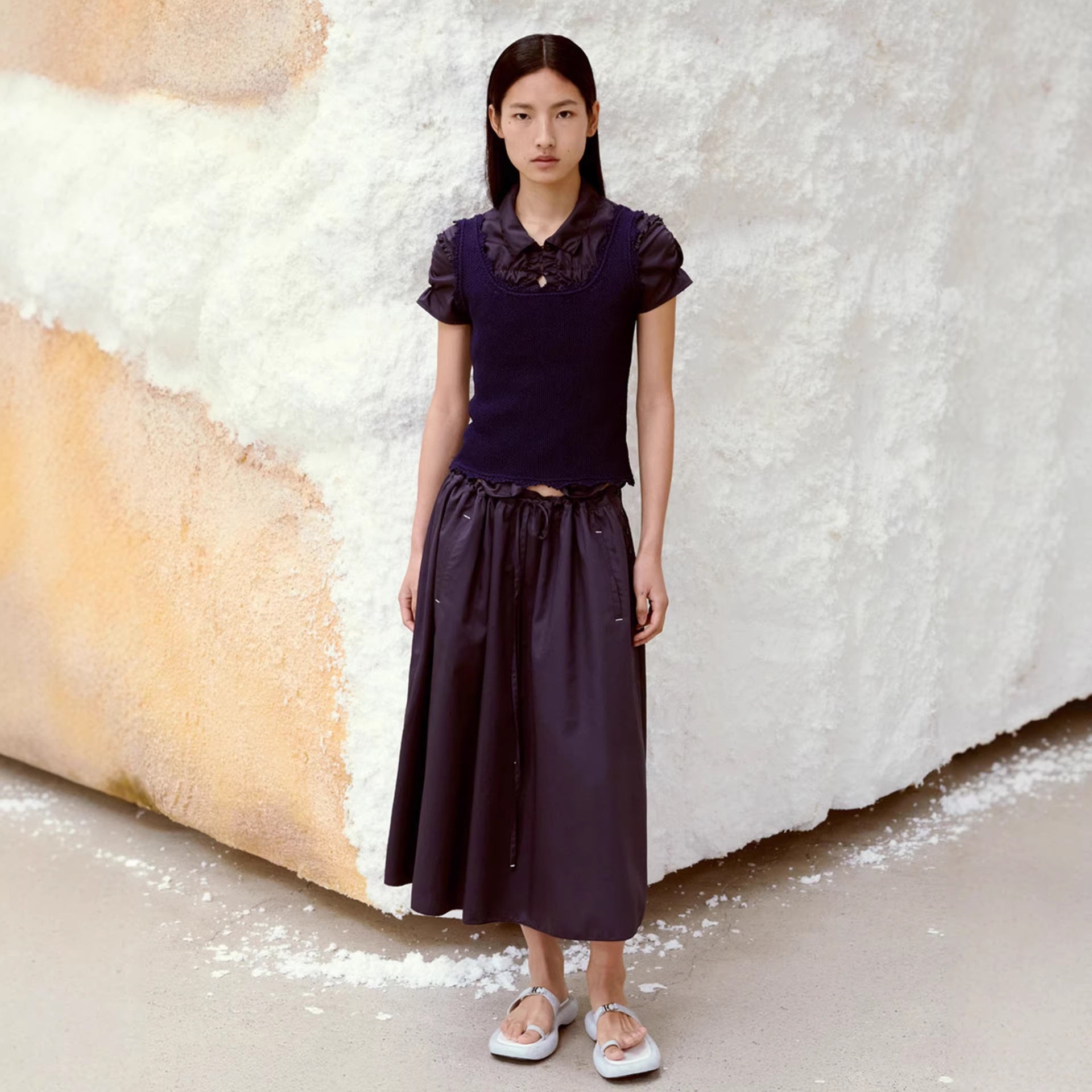 Ruffled Slim-fit Pleated Short-sleeve Top With Drawstring A-line Skirt