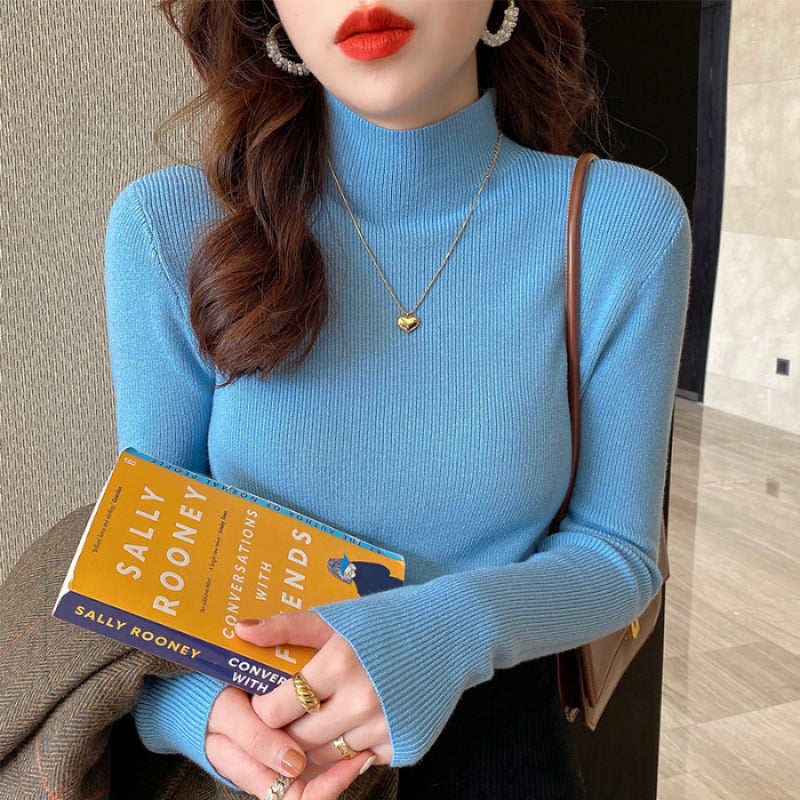 White Stand Collar Half Turtleneck Long-sleeve Knitted Undershirt