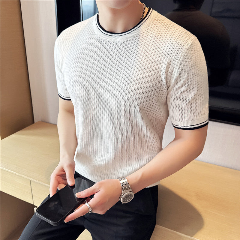 Men's Round Neck Contrast Color Stretch Knitted T-shirt