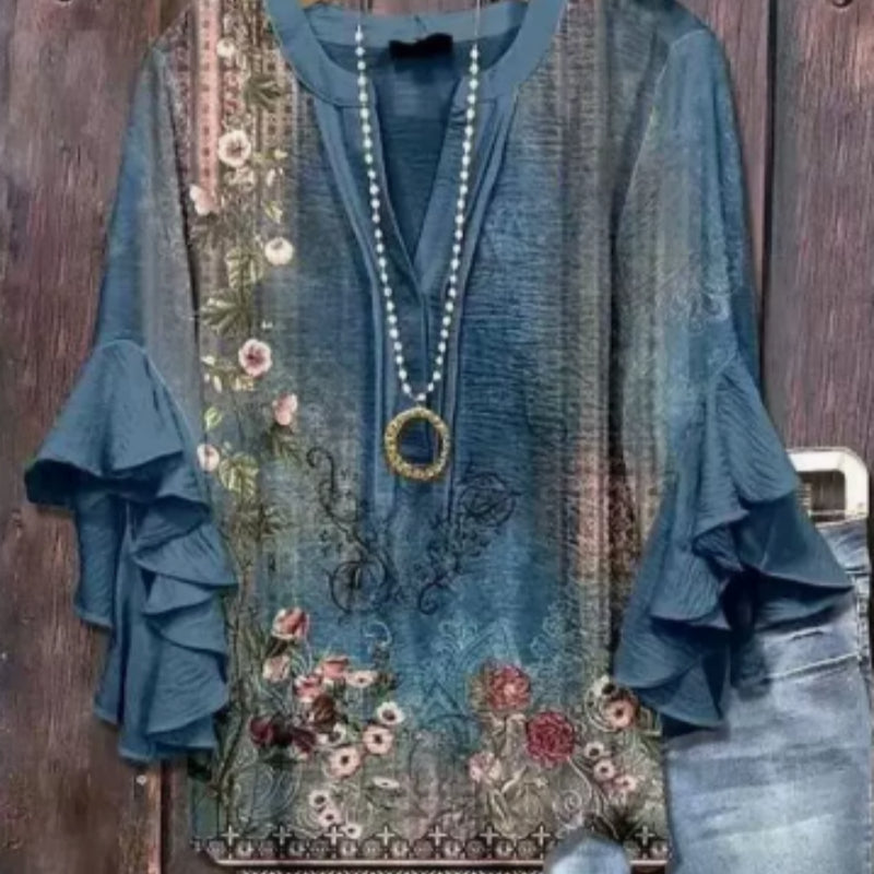 Casual Trend V-necked Floral-edge Women's Top