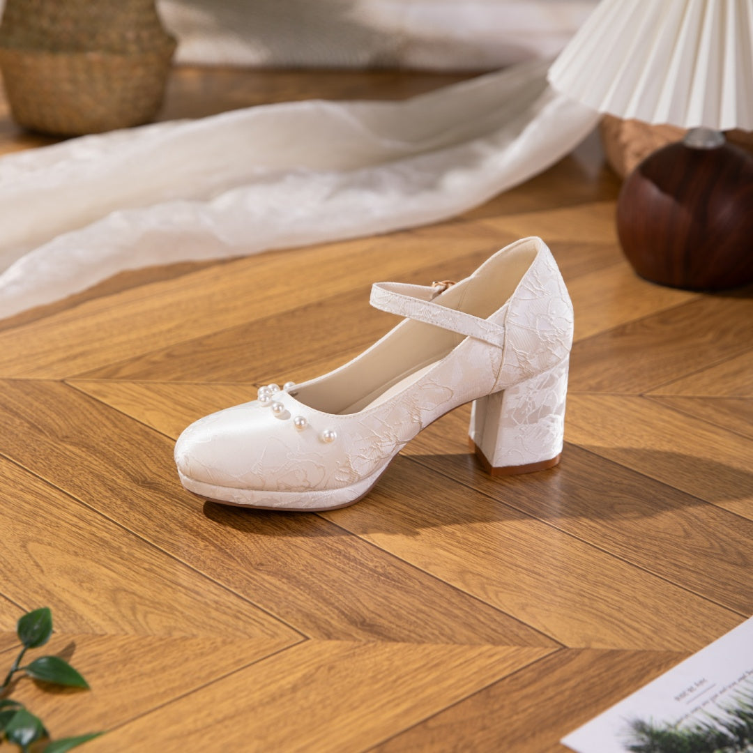 White And Beige Jacquard Mary Jane Style Women's Shoes With Thick Soles And Pearl Bow Straps, Waterproof Platform High Heels, Elegant And Versatile Wedding Shoes, Bridesmaid Shoes, Formal High Heels F