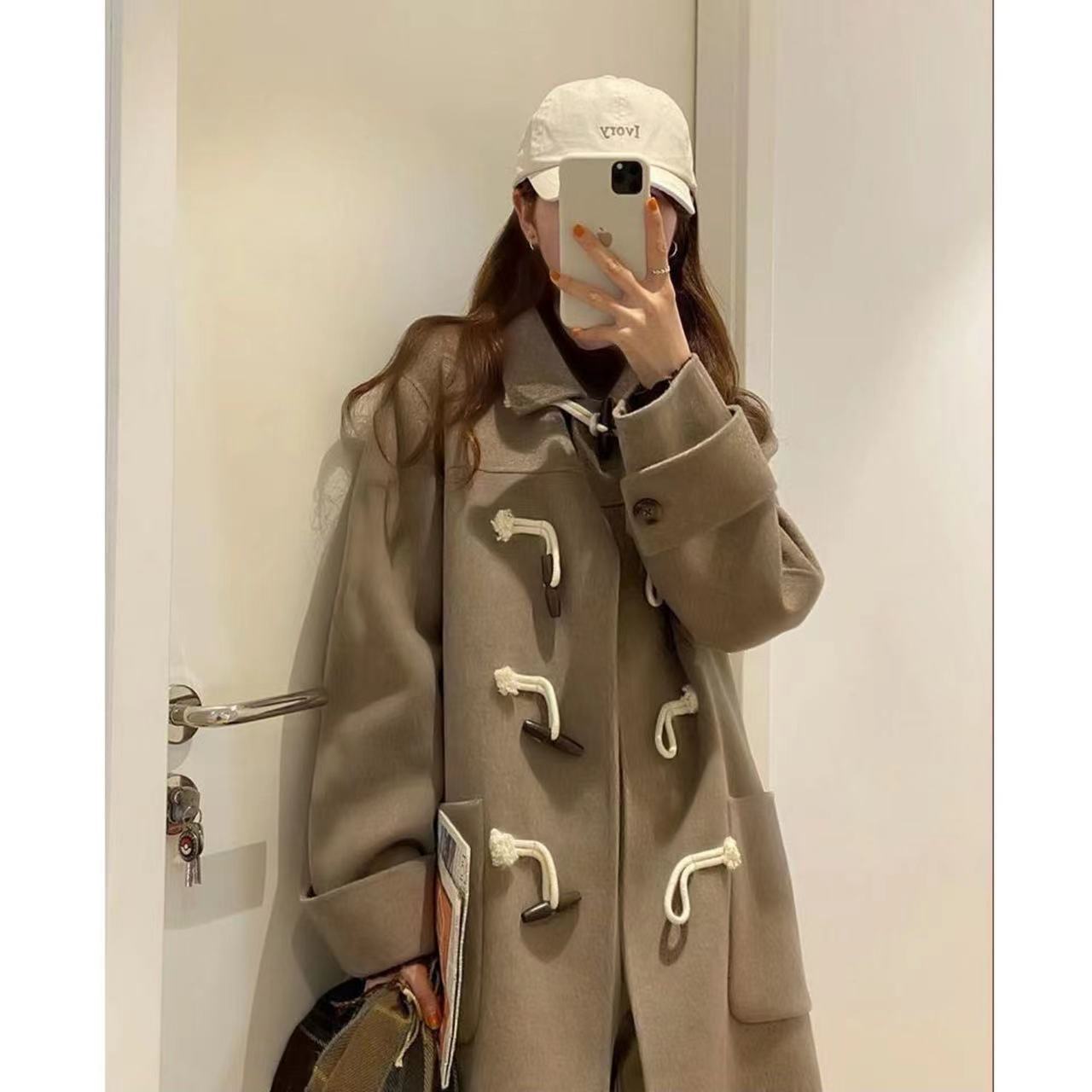 Wool Coat Womens Korean-Style Loose Slimming Horn-Button Petite Mid-Length Wool Fashionable