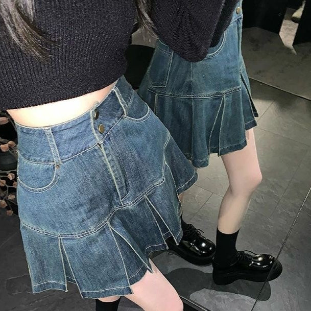 American Hot Girl Pleated Denim Skirt Women's High Waist Slimming
