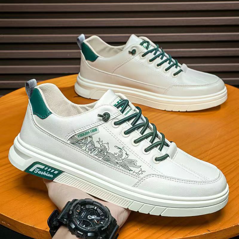 Men's Trendy All-match Low Top Casual Leather Soft Bottom White Shoes Sports Board Shoes Trendy