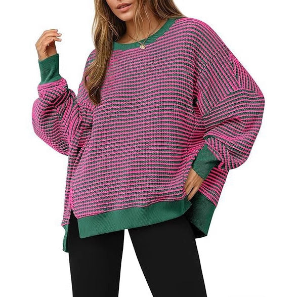 Waffle Knitted Long Sleeve Crew Neck Split Pullover Sweater