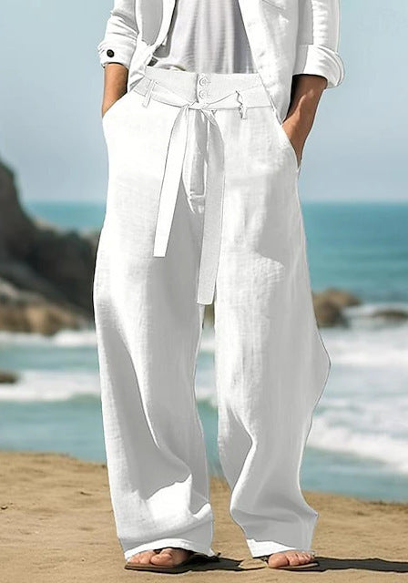 Men's Linen Belt Elastic Waist Straight Pure Color Comfort Breathable Outdoor Pants
