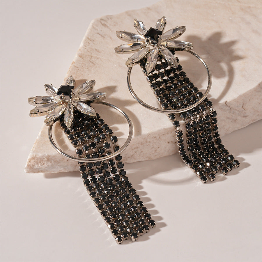 Silver Needle Black Rhimestone Flower Geometric Tassel Stud Earrings