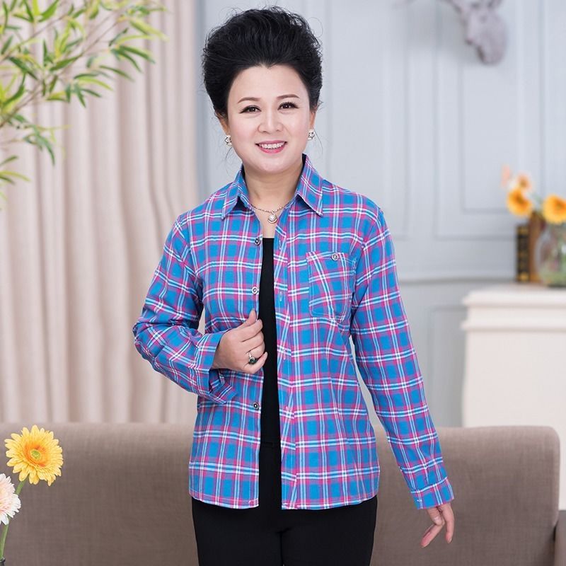 Middle-aged And Elderly Women's Loose Long-sleeved Slim-fit Plaid Shirt