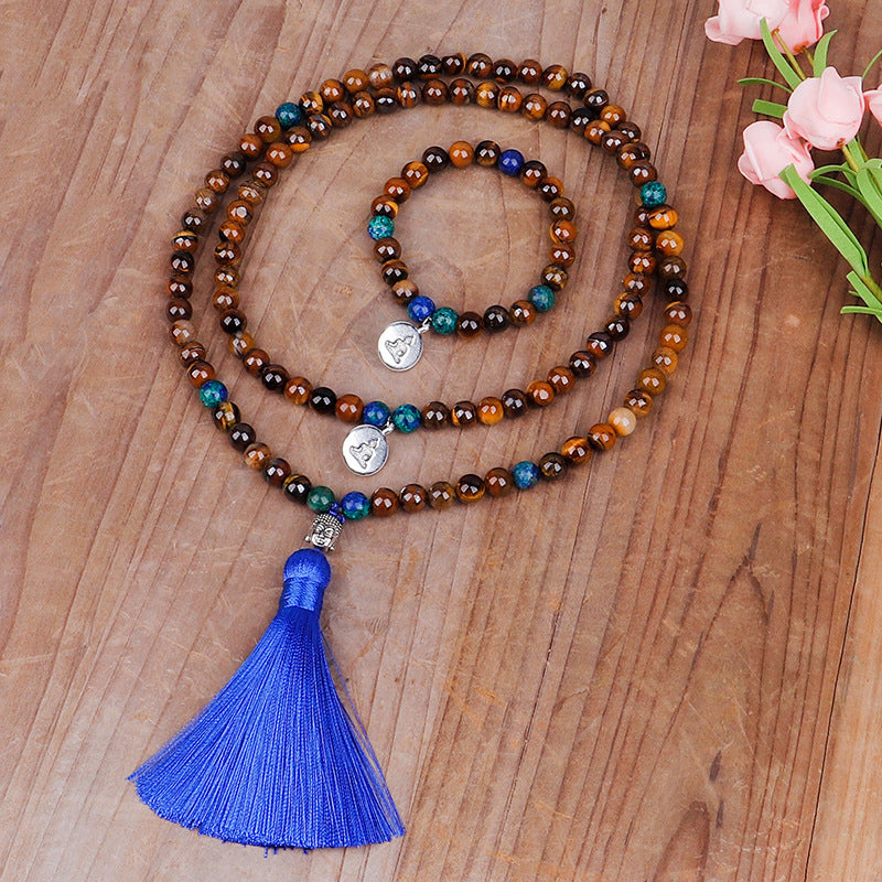 Tiger Eye Stone Bead Necklace Handmade Buddha Head Yoga