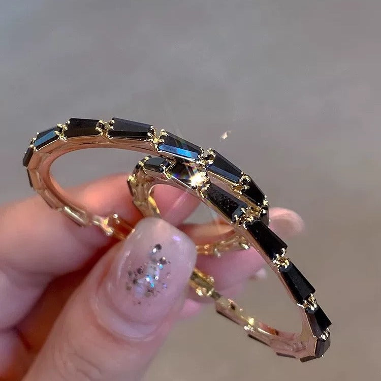 French Advanced Sense Black & Rhimestone Hoop Earrings