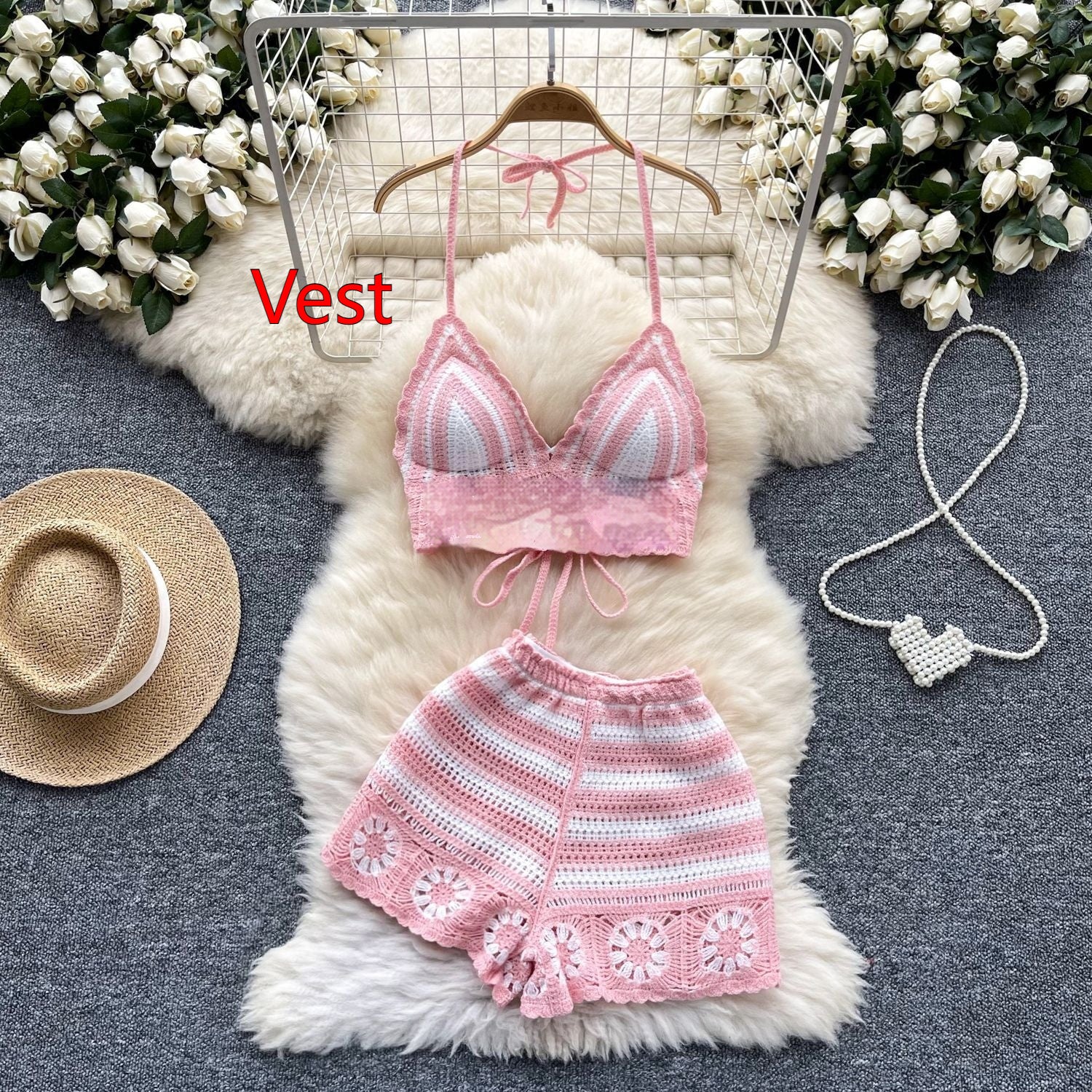 Sexy Cutout Crocheted Halter Strap Vest High Waist Knit Shorts