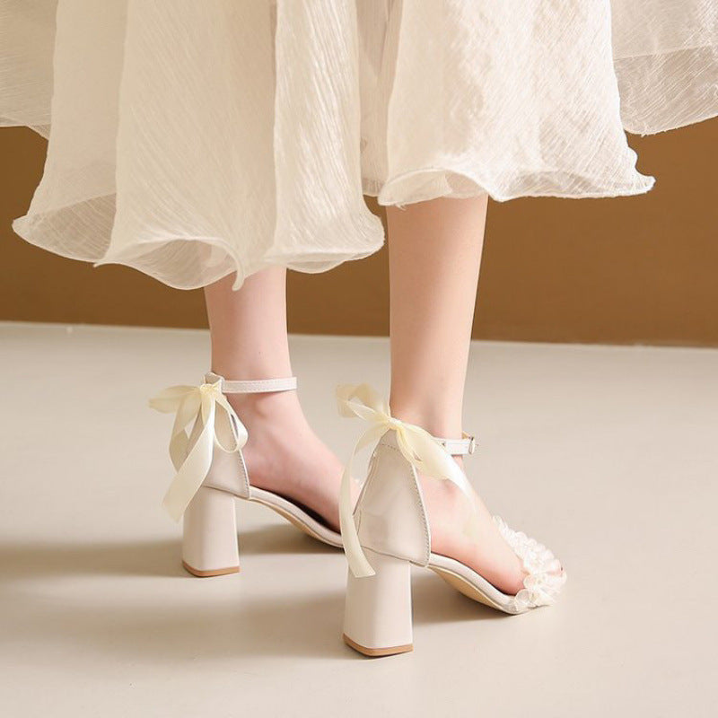 French Style Chunky Heel Sandals Bow Pearl High Heels Buckle Sandals