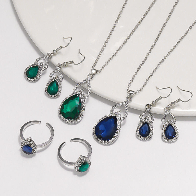 Light Luxury Zircon Necklace Earrings Open Ring Jewelry Suit