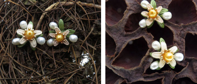 Orange Blossom Leaf Freshwater Yellow Pearl Green Lacquered Women's Retro Earrings