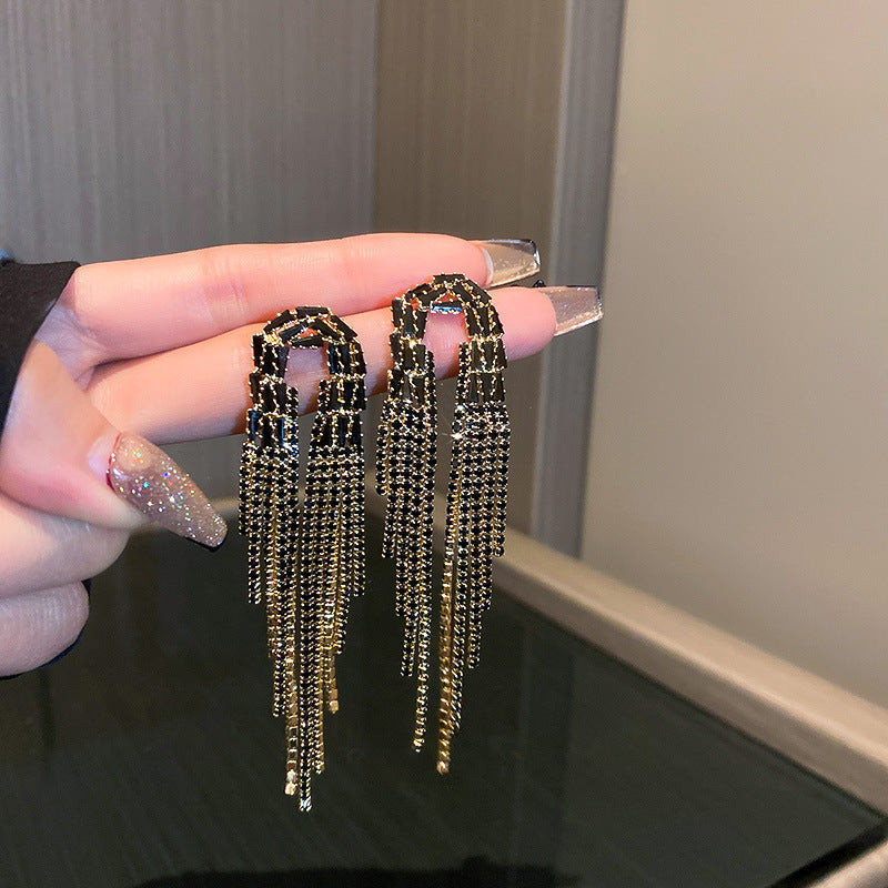 Silver Needle Black Rhimestone Flower Geometric Tassel Stud Earrings