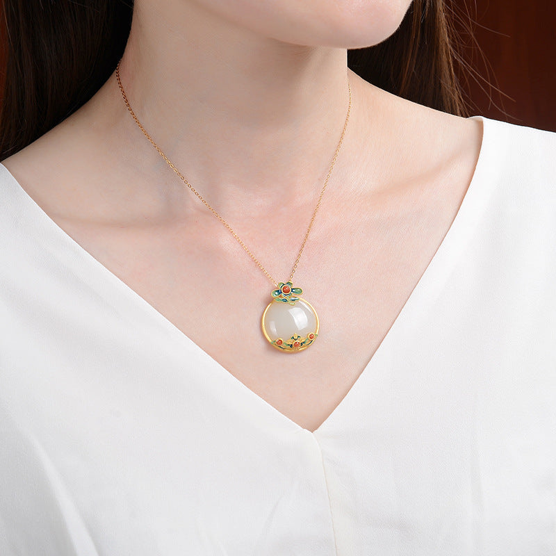 Inlaid Natural Hetian Jade Retro Stylish Pendant Chinese Style Necklace
