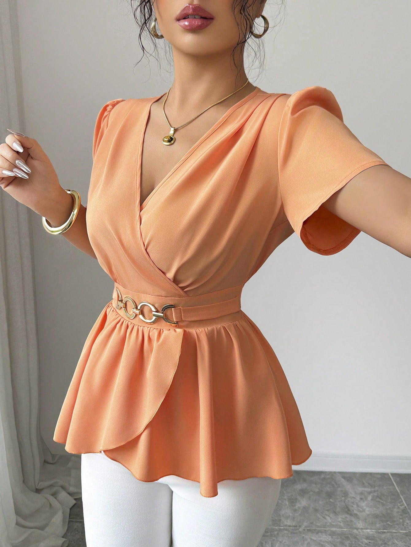 Slim-fit Solid-color Short-sleeve Womens Midriff-baring Top