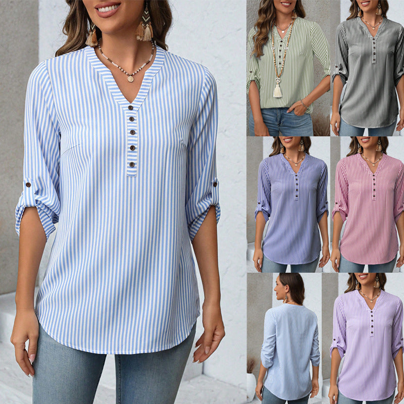 Three-quarter Sleeve Striped Versatile Stylish Top