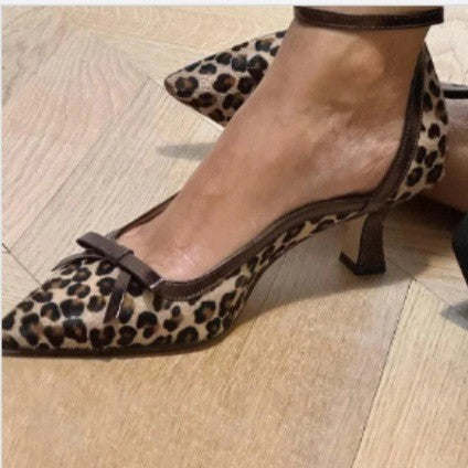 Bow Stiletto Heel Plus Size Leopard Print Shallow Mouth Pumps Women