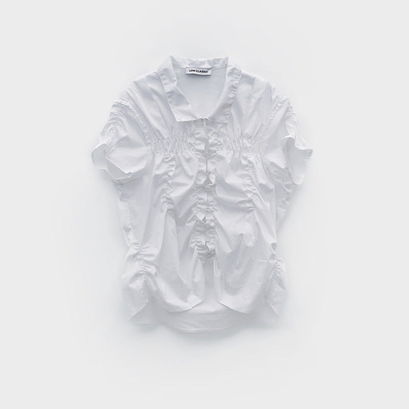 Ruffled Slim-fit Pleated Short-sleeve Top With Drawstring A-line Skirt