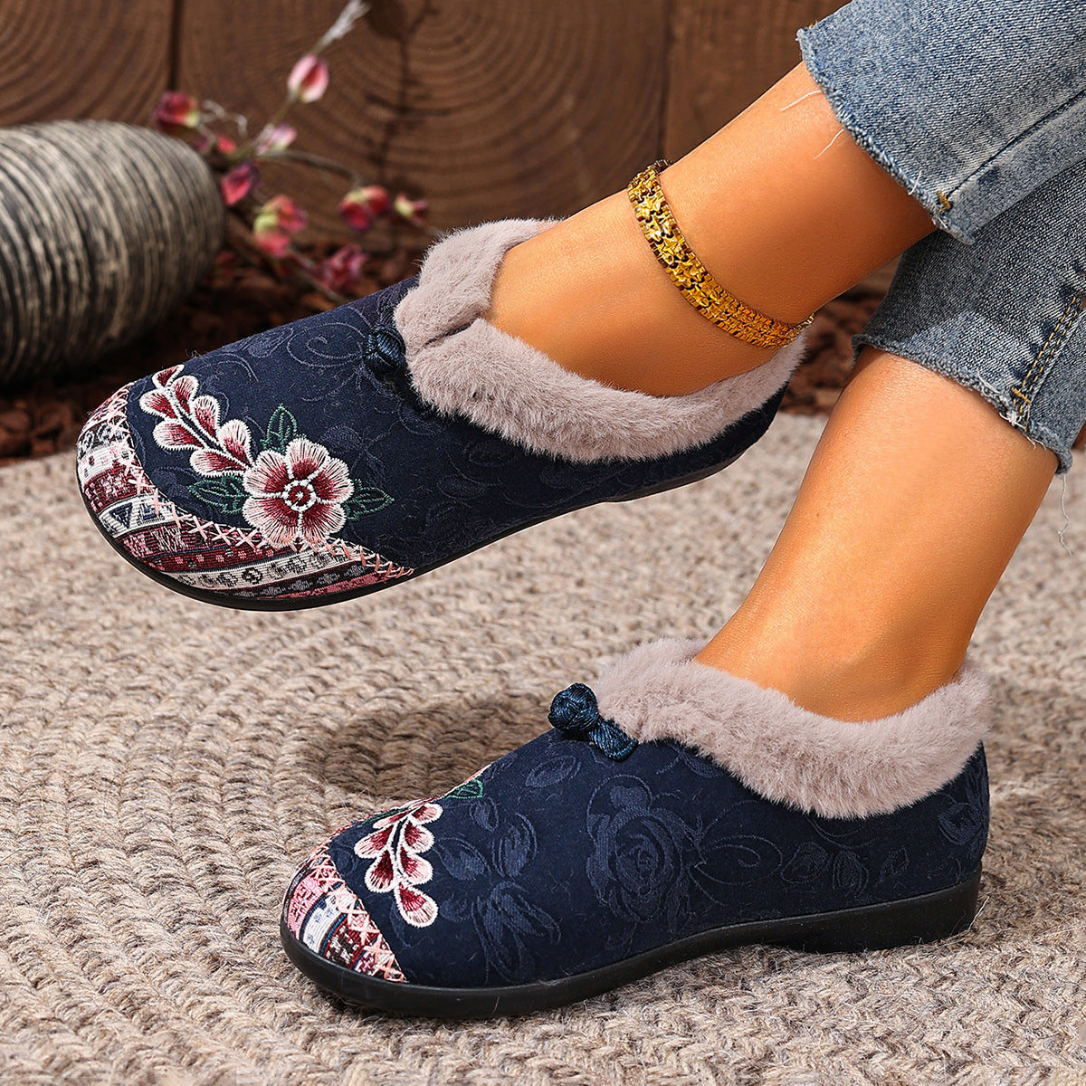 Flat Bottom Embroidery Cotton Shoes For Women