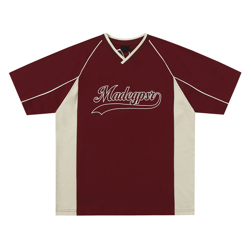 Short-sleeved Men's Summer Color Contrast Patchwork Loose T-shirt Couple Letters Top