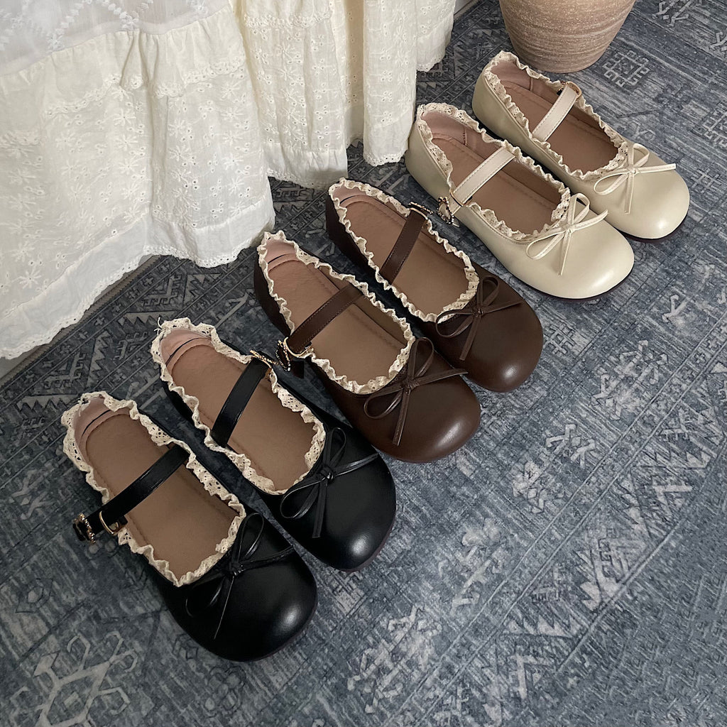 Round Toe Vintage Bow Leather Flat Shoes