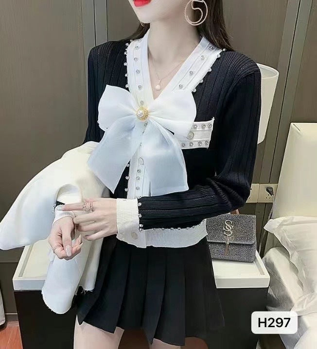 Fashion V-neck Bow Knitted Coat Women's Top